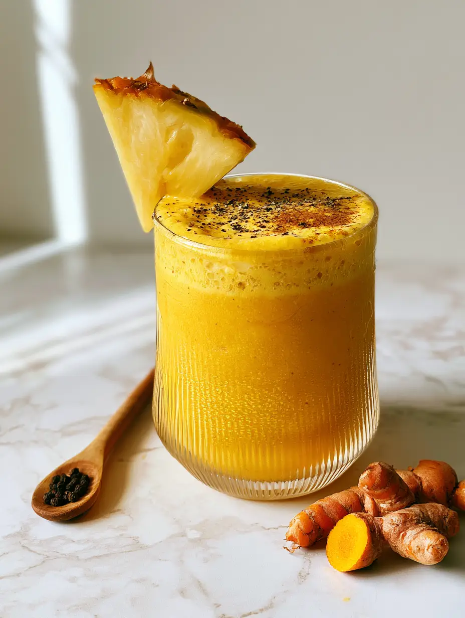 Close up of a frothy turmeric smoothie with cracked black pepper and cinnamon garnish on a marble surface. (turmeric smoothie)