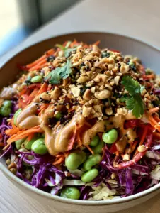 High-angle smartphone photo of Thai Crunch Salad with vibrant orange carrots, green edamame, and a tan peanut drizzle.