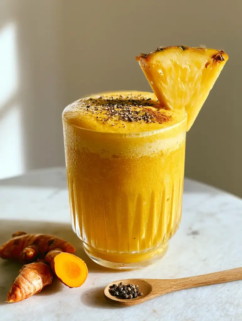 Side view of a ribbed glass containing a turmeric smoothie with condensation and fresh turmeric root nearby.