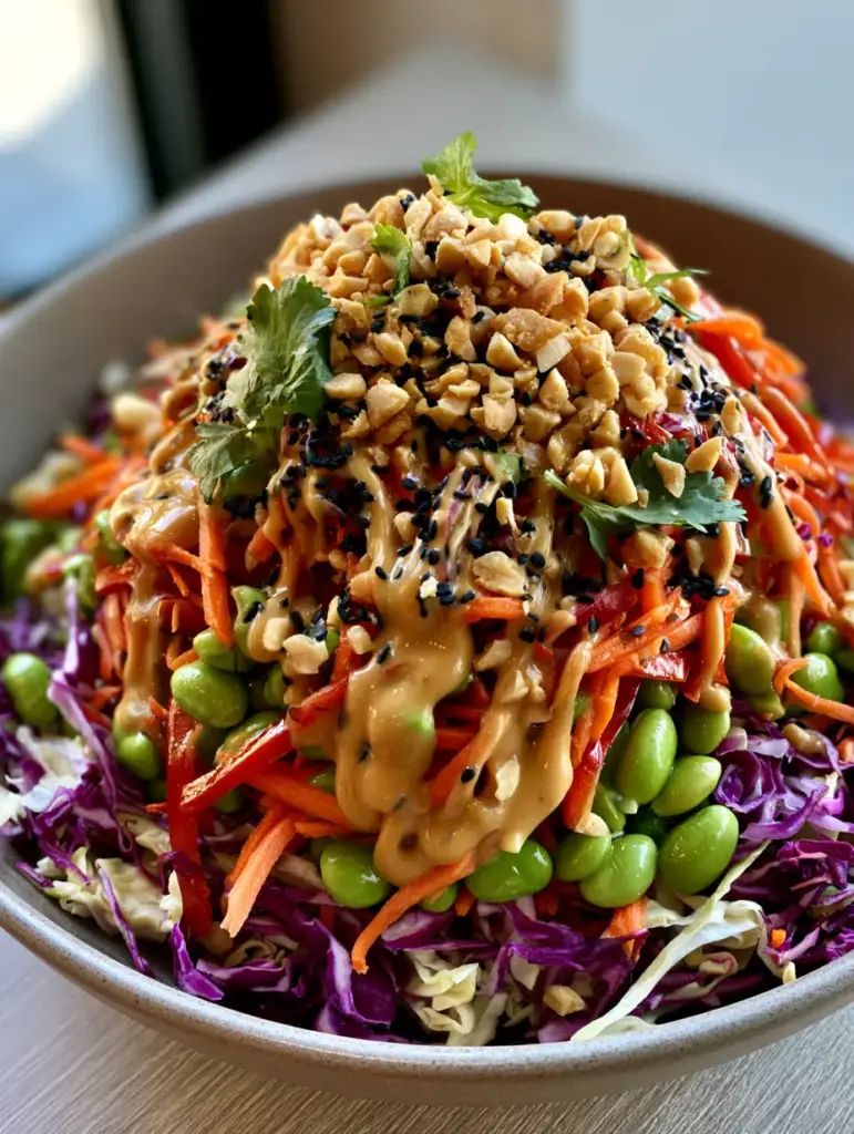 Close-up of a Thai Crunch Salad showing the texture of crushed roasted peanuts and toasted black sesame seeds.