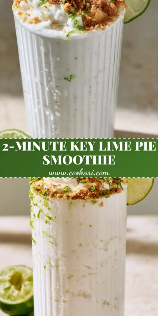 Coconut Key Lime Pie Smoothie: An Ultra-Thick Tropical Protein Delight 4 A tall ribbed glass of thick Coconut Key Lime Pie Smoothie topped with lime zest and toasted coconut on a stone countertop.