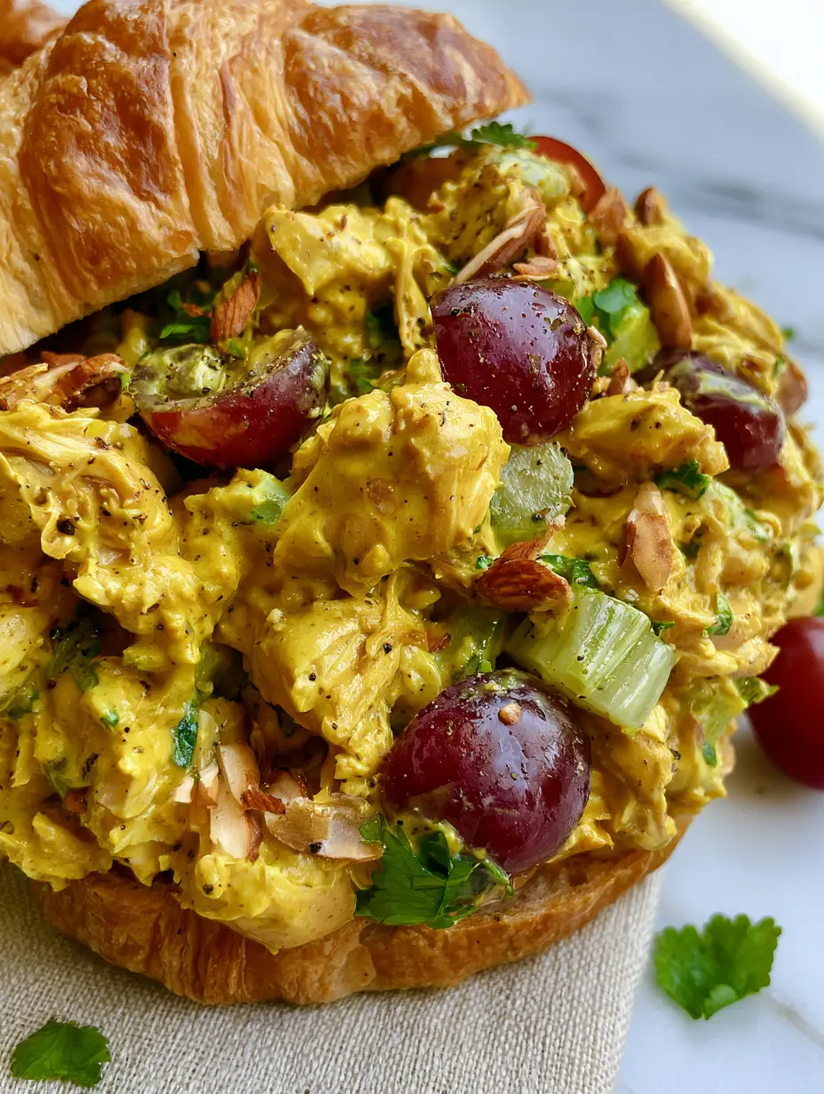 Curry Chicken Salad Croissants: The Ultimate Creamy Gold Standard Recipe 3 Close-up of hand-shredded rotisserie chicken in a thick golden curry sauce with grapes and almonds. (curry chicken salad)