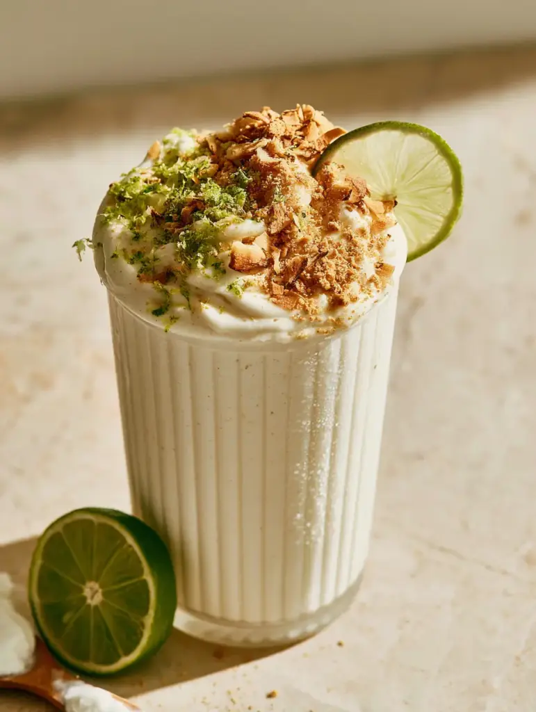 Coconut Key Lime Pie Smoothie: An Ultra-Thick Tropical Protein Delight 2 Close-up of a velvety white Coconut Key Lime Pie Smoothie showing soft peaks and vibrant lime zest.