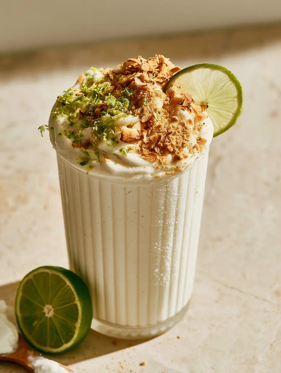 Coconut Key Lime Pie Smoothie: An Ultra-Thick Tropical Protein Delight 3 Close-up of a velvety white Coconut Key Lime Pie Smoothie showing soft peaks and vibrant lime zest.