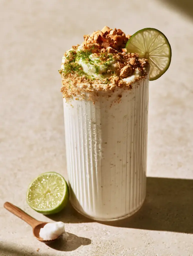 Coconut Key Lime Pie Smoothie: An Ultra-Thick Tropical Protein Delight 1 Overhead view of a Coconut Key Lime Pie Smoothie garnished with toasted coconut flakes and graham cracker crumbs.