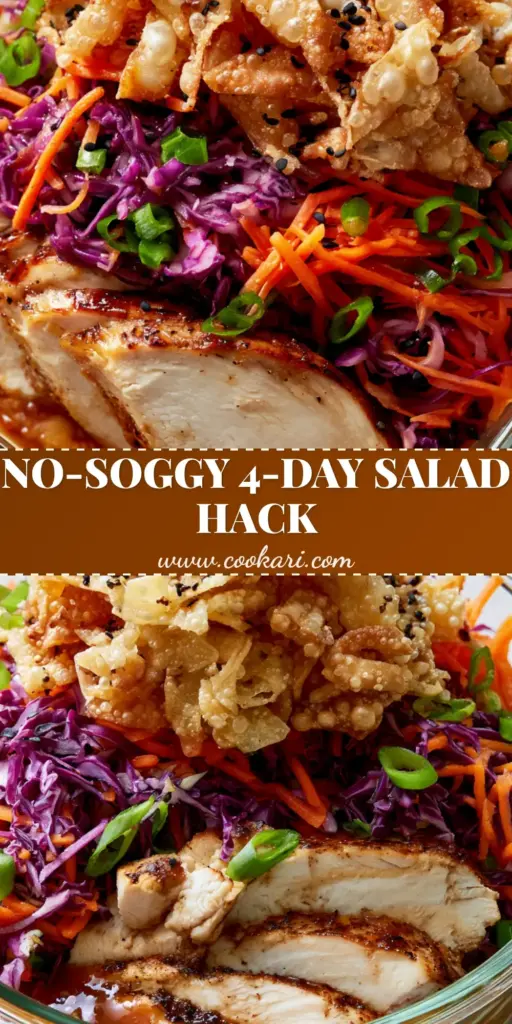 Chinese Chicken Salad with Toasted Sesame Ginger Dressing and Crispy Wonton Strips 4 A premium glass meal prep container showcasing the dry-stack method of a Chinese chicken salad with golden wonton strips on top.