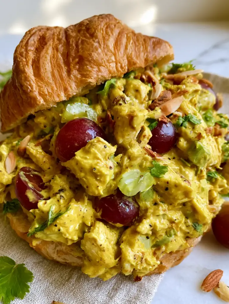 Curry Chicken Salad Croissants: The Ultimate Creamy Gold Standard Recipe 1 Eye-level shot of a curry chicken salad croissant featuring crisp celery and toasted almonds.