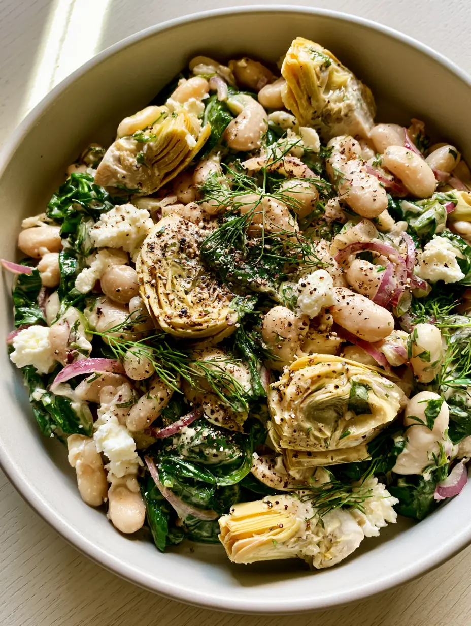 Close up photo of Spinach Artichoke Dense Bean Salad showing glossy tahini dressing and cracked pepper.
