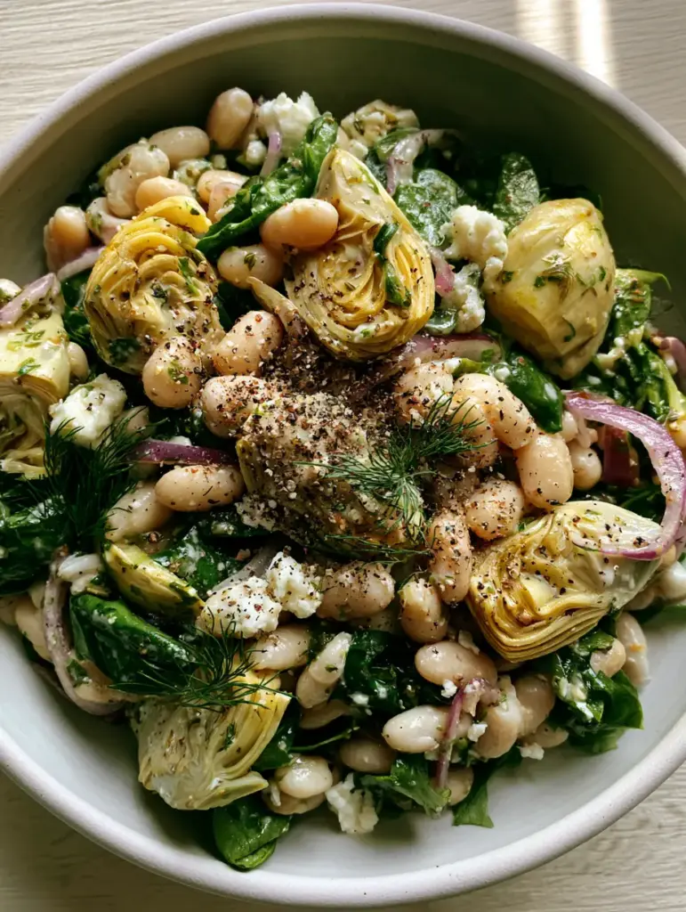 Spinach Artichoke Dense Bean Salad served in a matte white bowl on a light oak table.