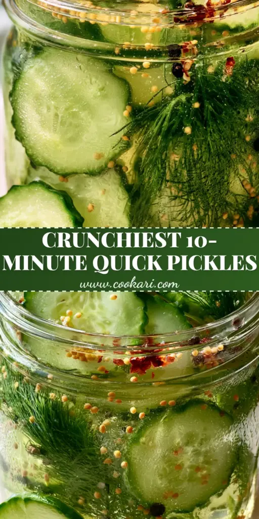 Quick-Pickled Cucumbers: The Ultimate 10-Minute Recipe for Crispy Fridge Pickles 3 A tall glass mason jar filled with Quick-Pickled Cucumbers, fresh dill, and spices, featuring condensation on the glass and a neutral wood background.