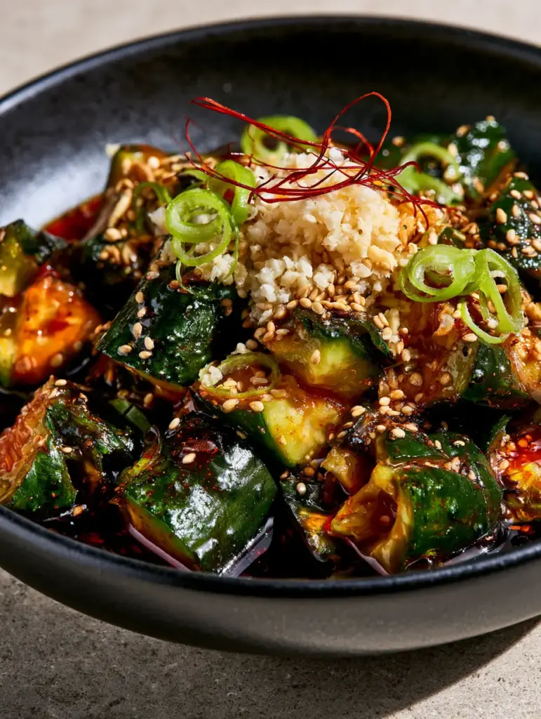 Asian Pickled Cucumbers Recipe: The Ultimate Spicy Smashed Salad 2 Close-up of jagged emerald green smashed cucumbers in a matte black bowl with red chili oil highlights. (asian pickled cucumbers recipe)