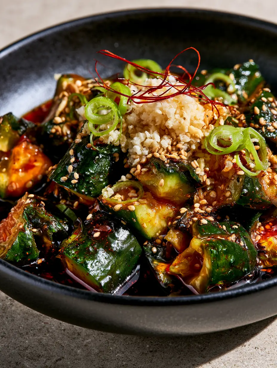 Asian Pickled Cucumbers Recipe: The Ultimate Spicy Smashed Salad 3 Close-up of jagged emerald green smashed cucumbers in a matte black bowl with red chili oil highlights. (asian pickled cucumbers recipe)