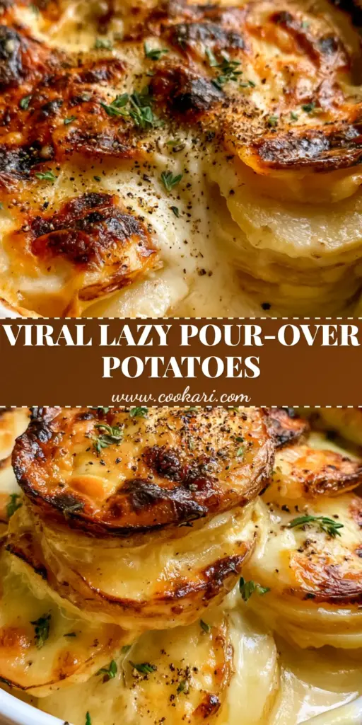 Creamy Pour-Over Potatoes with Gruyere and Sharp Cheddar Crust 3 A top-down view of creamy pour-over potatoes in a white ceramic dish with bubbling cheese and fresh thyme garnishes.