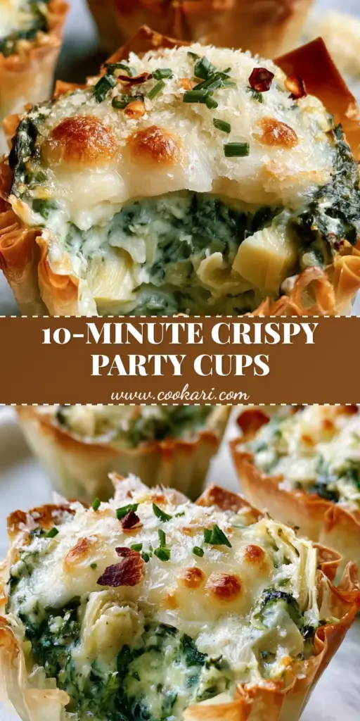 A close-up shot of spinach and artichoke wonton cups with crispy ruffled edges and melted cheese bubbles.