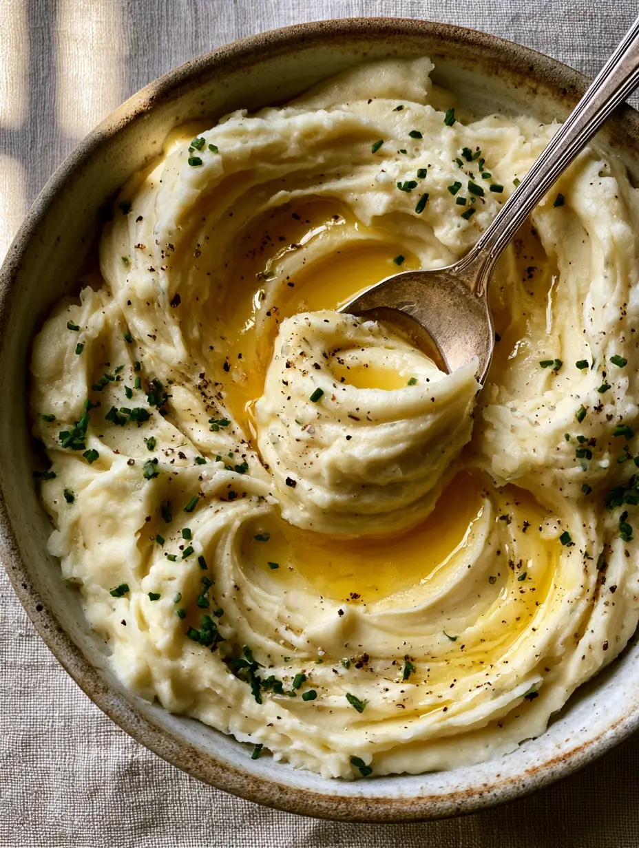 Smartphone photo of creamy potatoes showing swirling peaks and melted grass-fed butter. (creamy potatoes)