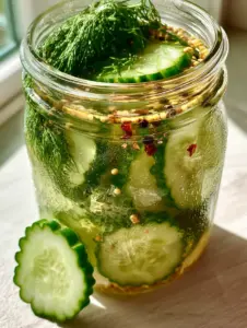 High-angle close-up of vibrant Quick-Pickled Cucumbers with scalloped edges in a sparkling brine with yellow mustard seeds and dill. (Quick-Pickled Cucumbers)