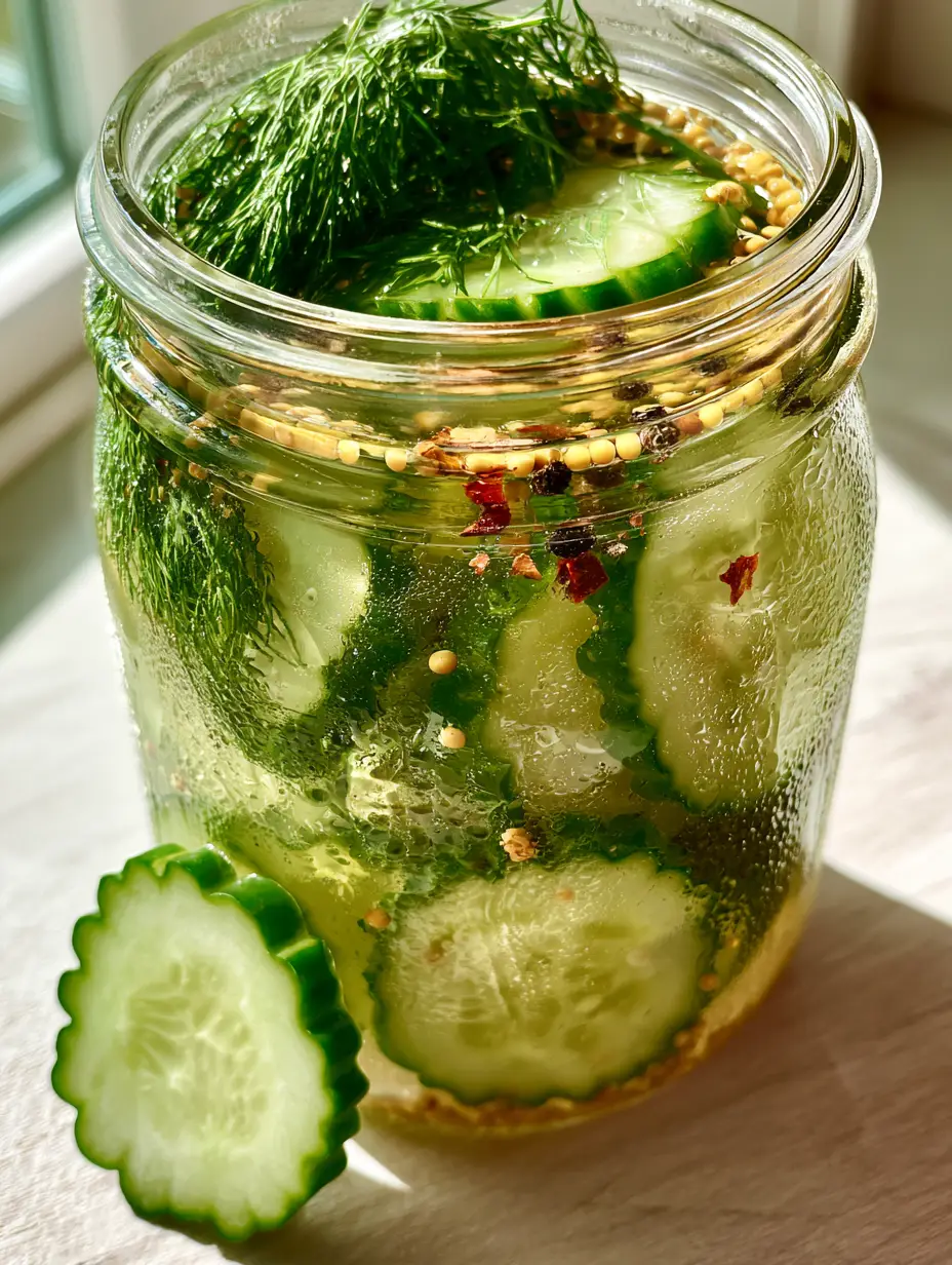 Quick-Pickled Cucumbers: The Ultimate 10-Minute Recipe for Crispy Fridge Pickles 4 High-angle close-up of vibrant Quick-Pickled Cucumbers with scalloped edges in a sparkling brine with yellow mustard seeds and dill. (Quick-Pickled Cucumbers)