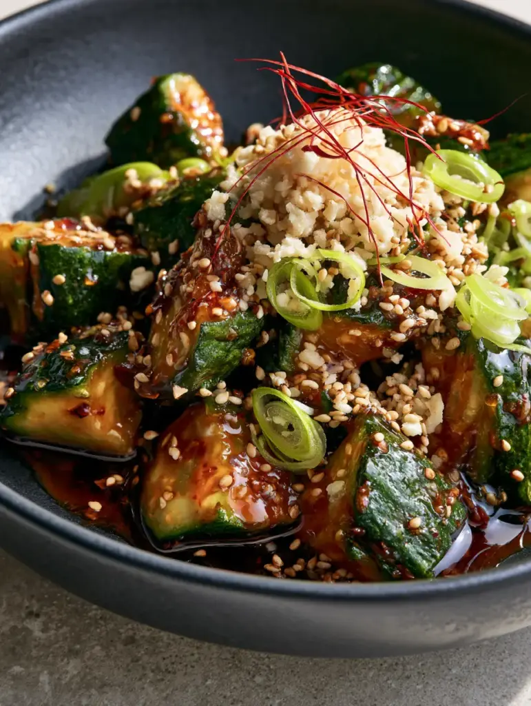 Asian Pickled Cucumbers Recipe: The Ultimate Spicy Smashed Salad 1 Vibrant salad featuring red chili oil, dark soy sauce reduction, and a mountain of minced garlic on cucumbers.