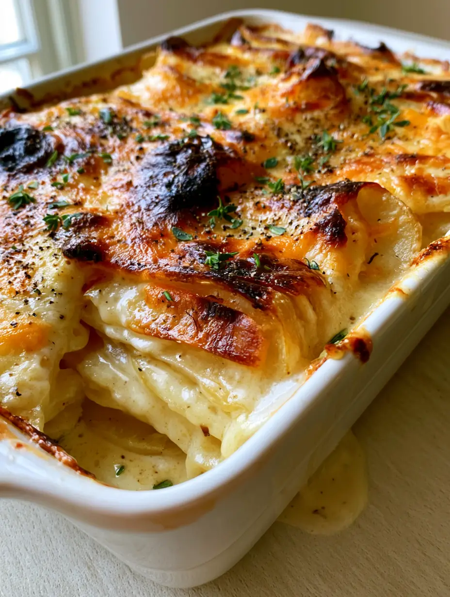 Creamy Pour-Over Potatoes with Gruyere and Sharp Cheddar Crust 4 Close-up smartphone photo of creamy pour-over potatoes showing thick garlic cream sauce and charred cheddar edges.