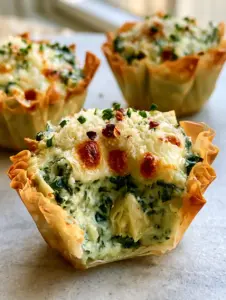 Three spinach and artichoke wonton cups on a marble surface showing shattered glass texture.