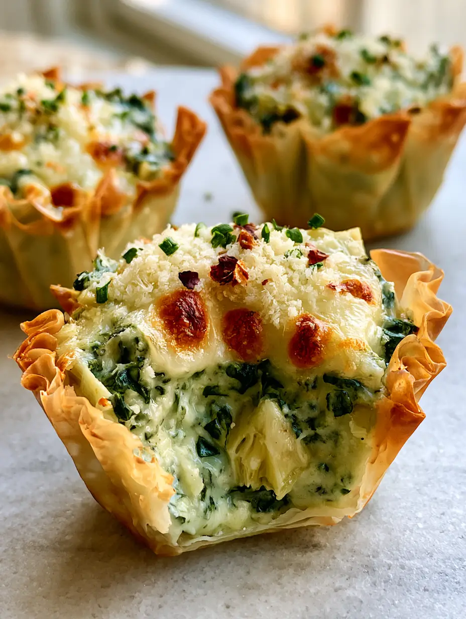 Three spinach and artichoke wonton cups on a marble surface showing shattered glass texture.