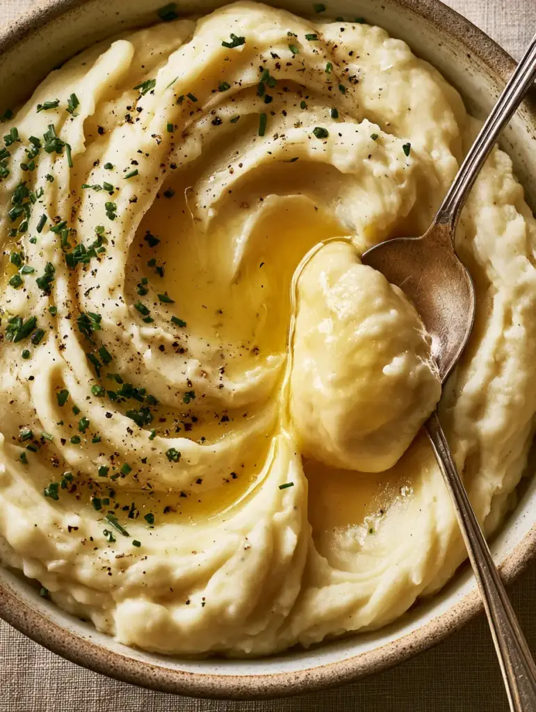 Close up of creamy potatoes being lifted by a vintage silver spoon showing a glossy interior.