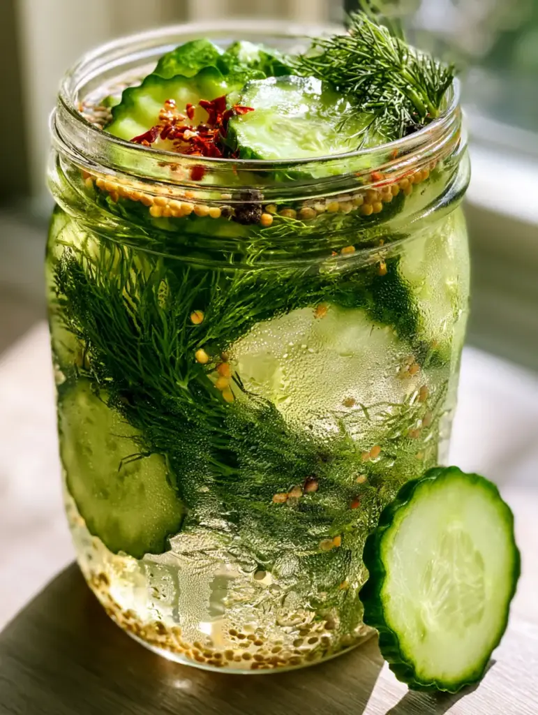 Quick-Pickled Cucumbers: The Ultimate 10-Minute Recipe for Crispy Fridge Pickles 1 A clear glass jar overflowing with crisp English cucumber rounds, mustard seeds, and fresh dill sprigs, showing realistic ice-cold condensation.