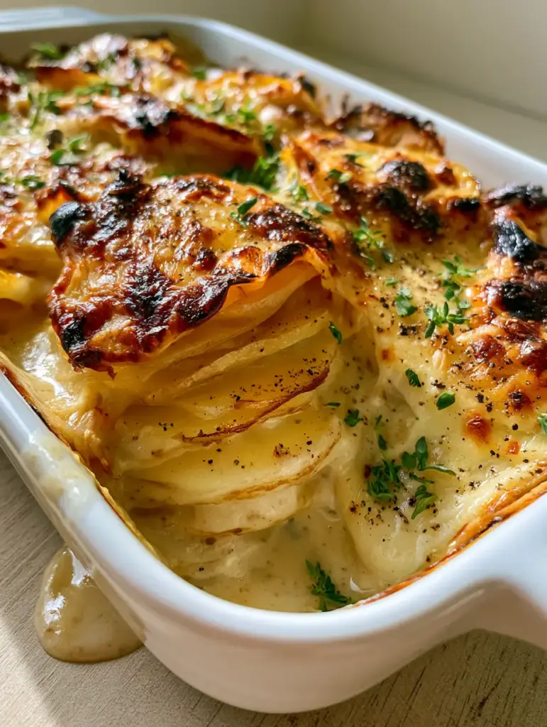 Creamy Pour-Over Potatoes with Gruyere and Sharp Cheddar Crust 1 A 45-degree angle shot of scalloped potatoes with bubbling gruyere and dark golden-brown charred edges in a ceramic dish.