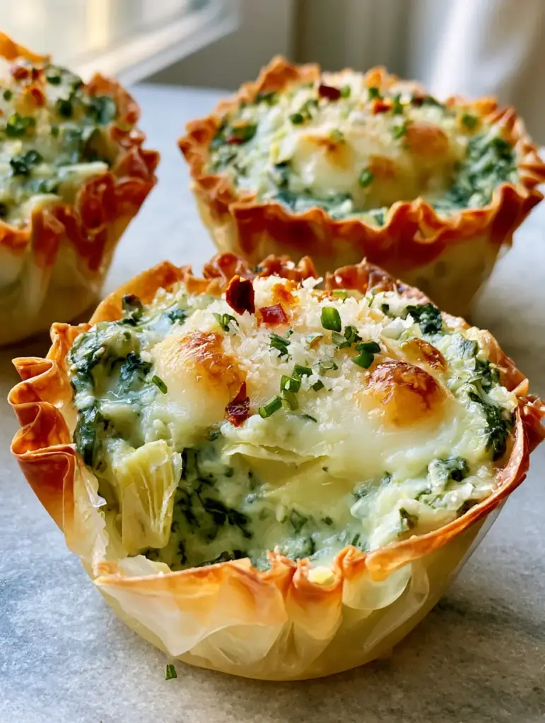 Spinach and artichoke wonton cups topped with toasted mozzarella bubbles and chives.