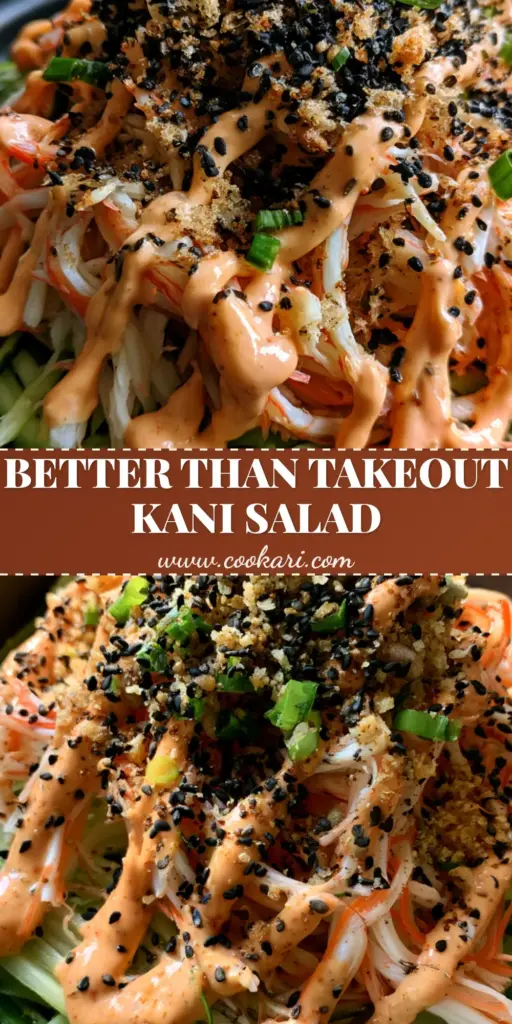 A top-down view of a Cucumber Crab Salad in a black bowl with toasted panko and black sesame seeds.