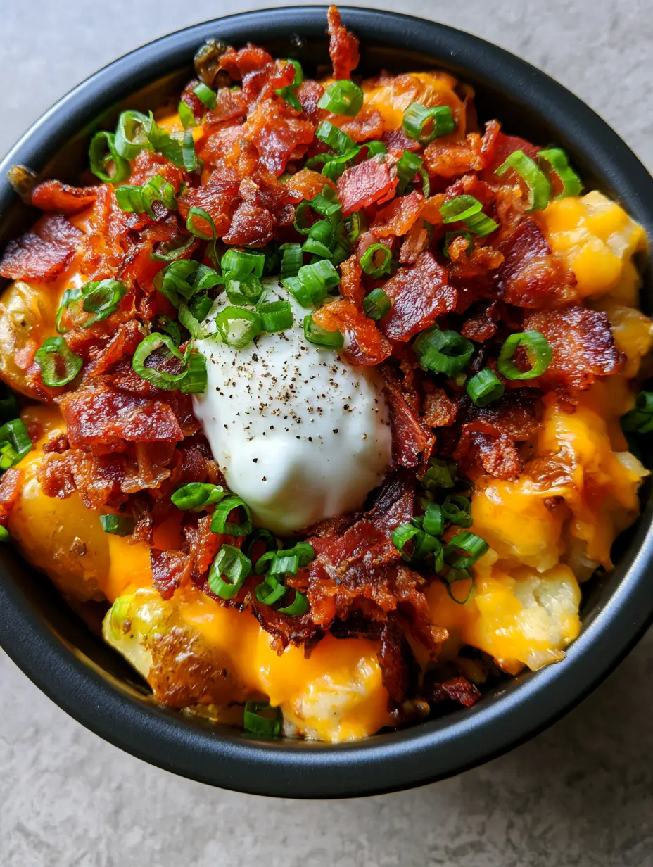Overhead smartphone photo of slow cooker bacon cheese potatoes with molten cheddar, crispy bacon, and a dollop of sour cream in a black ceramic pot.
