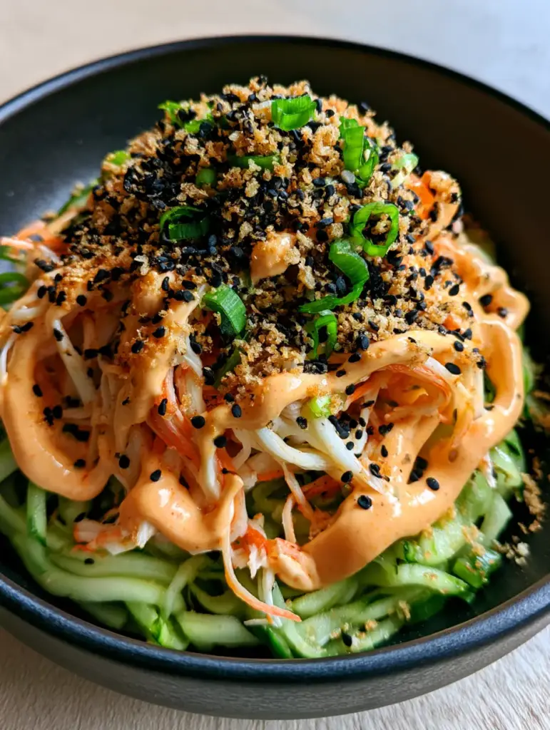 Creamy spicy mayo drizzled over Cucumber Crab Salad with black sesame seeds.