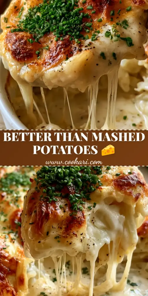 A steaming scoop of cheesy potatoes Romanov with a jagged golden crust and fresh chives in a white dish.