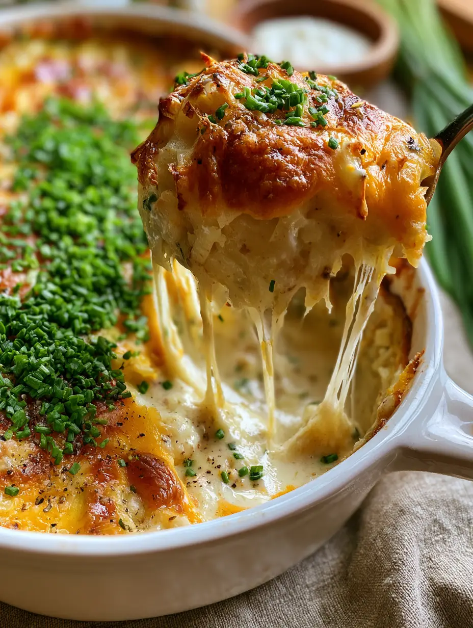 Macro shot of melted cheese strings and golden crust on potatoes Romanov.
