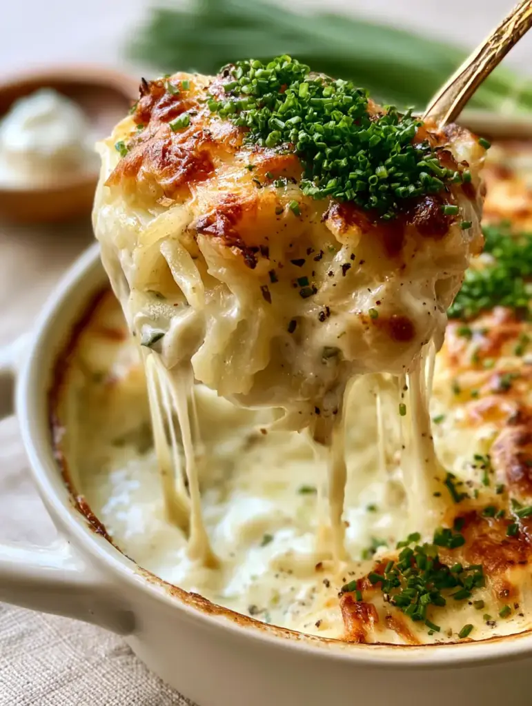 Side view of potatoes Romanov in a white ceramic dish with chives garnish.