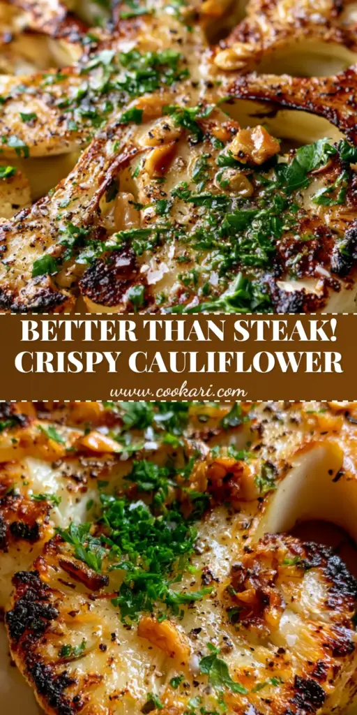 A thick-cut Baked Cauliflower Steak with golden-brown charred edges, topped with roasted garlic and fresh parsley on a cream plate.