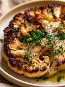 Extreme close-up of deeply caramelized Baked Cauliflower Steaks with a garlic butter sheen and cracked pepper.