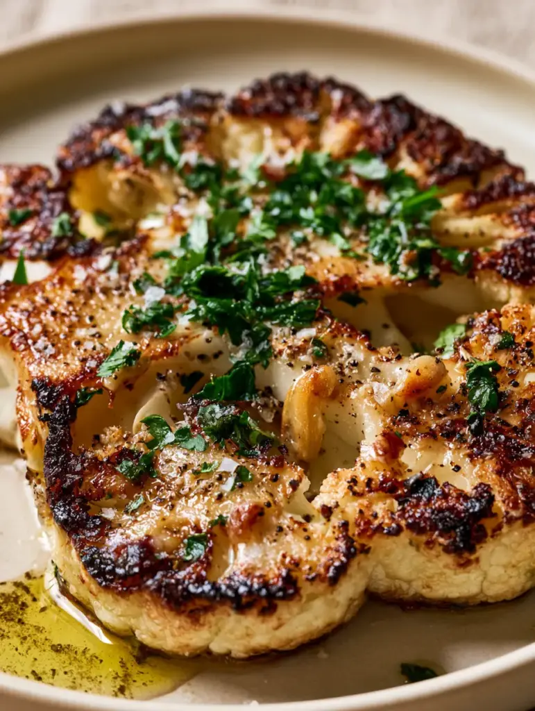 A close-up view of a Baked Cauliflower Steak showing roasted garlic bits and vibrant green parsley garnish.