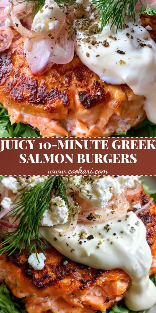 A close-up of a thick, pan-seared salmon burger topped with garlic aioli, feta cheese, and fresh dill on a bed of arugula.