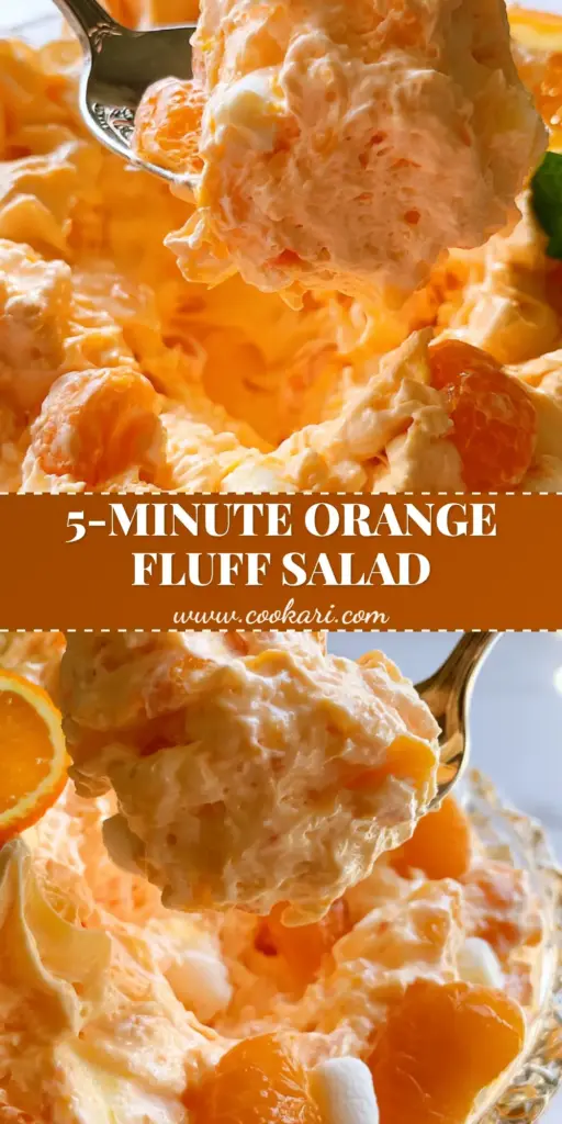 A tall crystal bowl of Orange Fluff Salad with mandarin segments and mini marshmallows, garnished with mint.