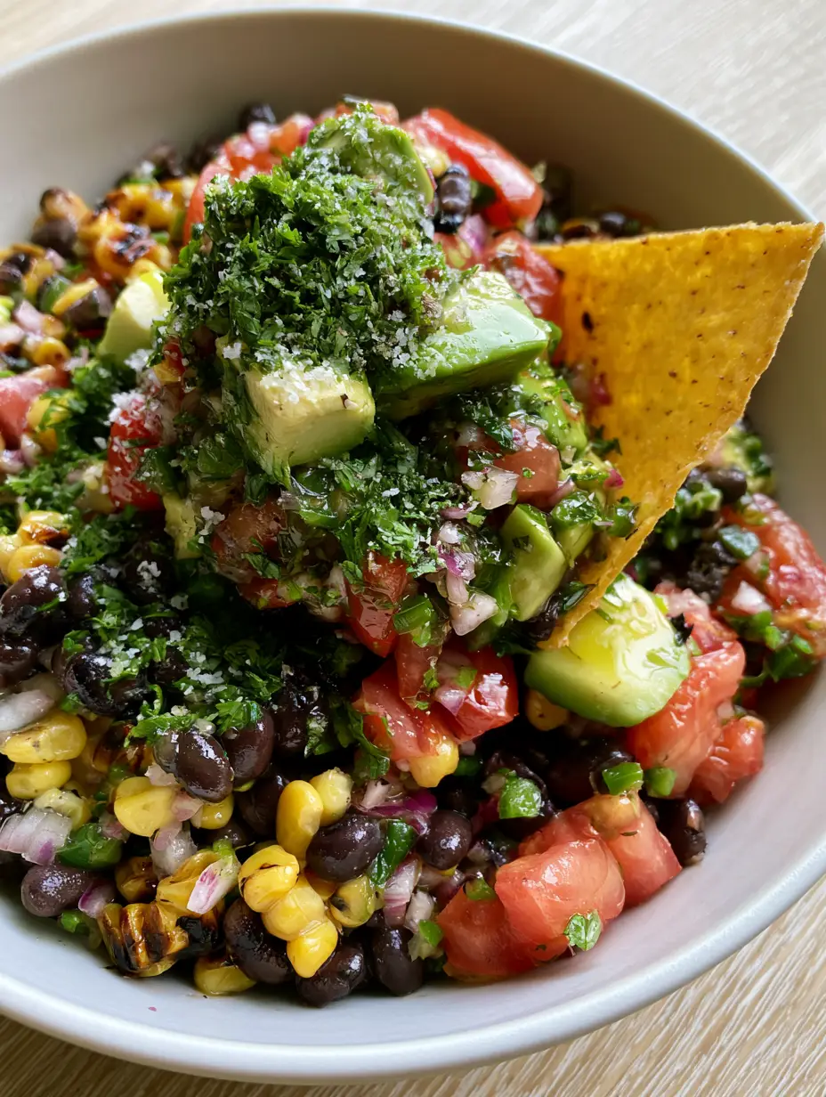 Wide shot of Cowboy Salad in a matte-white bowl on an oak table with sunlight.