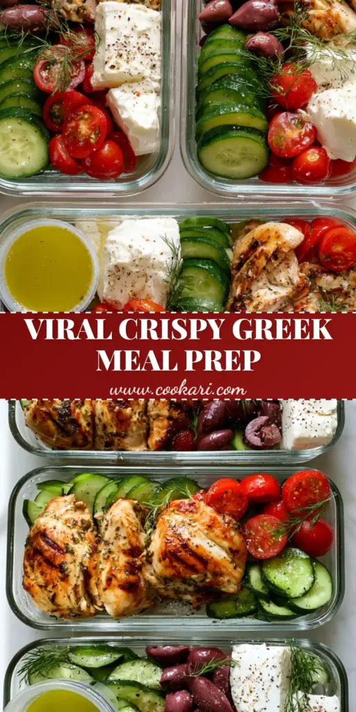 Greek chicken salad Meal Prep with Fluffy Quinoa and Lemon-Herb Vinaigrette 4 A close-up shot of a Greek chicken salad in a glass meal prep container featuring seared chicken with grill marks, feta cubes, and Kalamata olives.