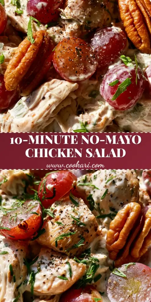 Chicken Salad Recipe with Grapes and Creamy Greek Yogurt Dressing 4 A gourmet bowl of chicken salad recipe with grapes featuring large shredded chicken chunks, toasted pecans, and fresh tarragon in a matte white bowl.