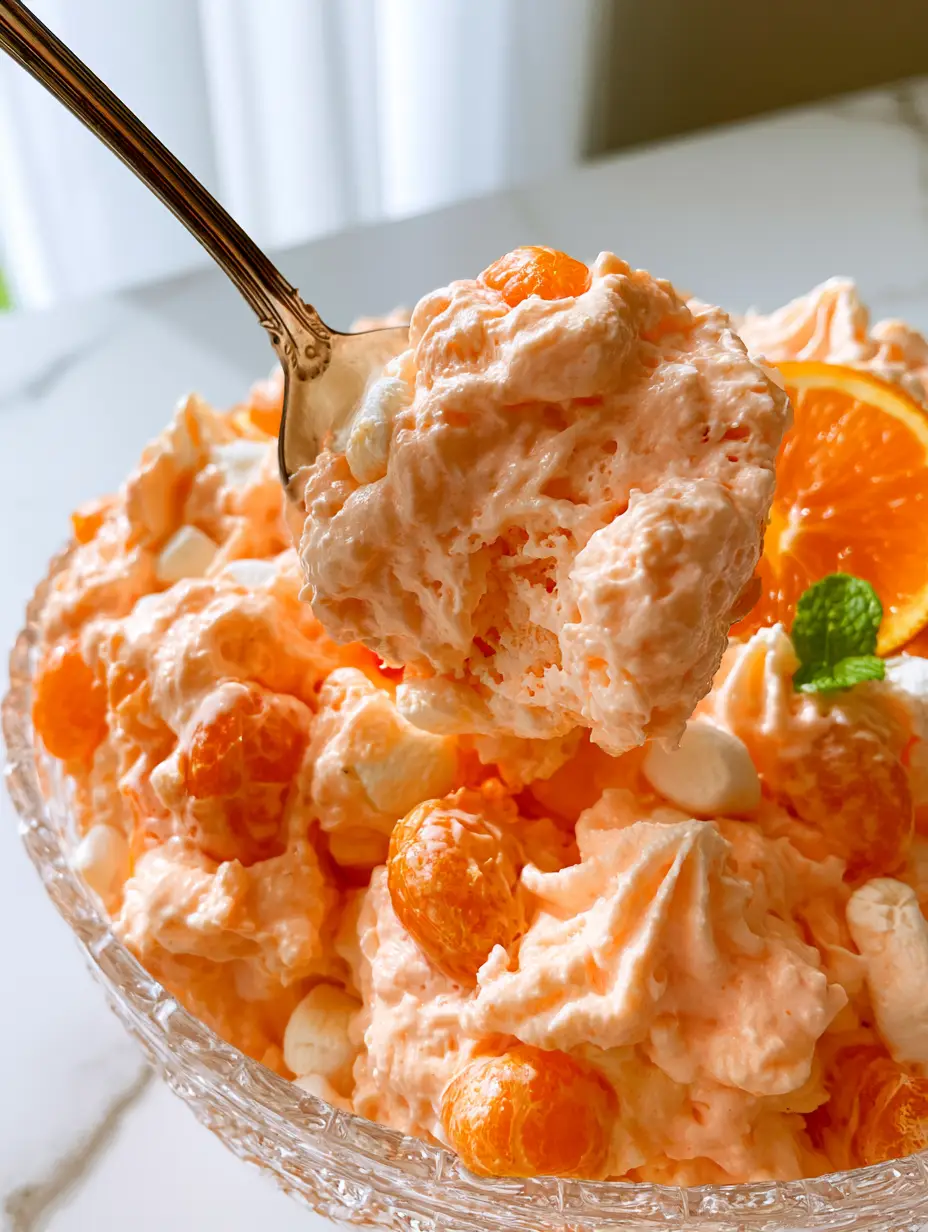 A close-up of a silver spoon lifting a scoop of Orange Fluff Salad showing the whipped, porous texture.