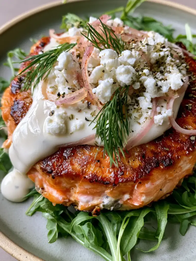 Top-down view of a thick salmon burger with visible moist pink flakes and deep golden sear marks, topped with dripping aioli. (salmon burgers)