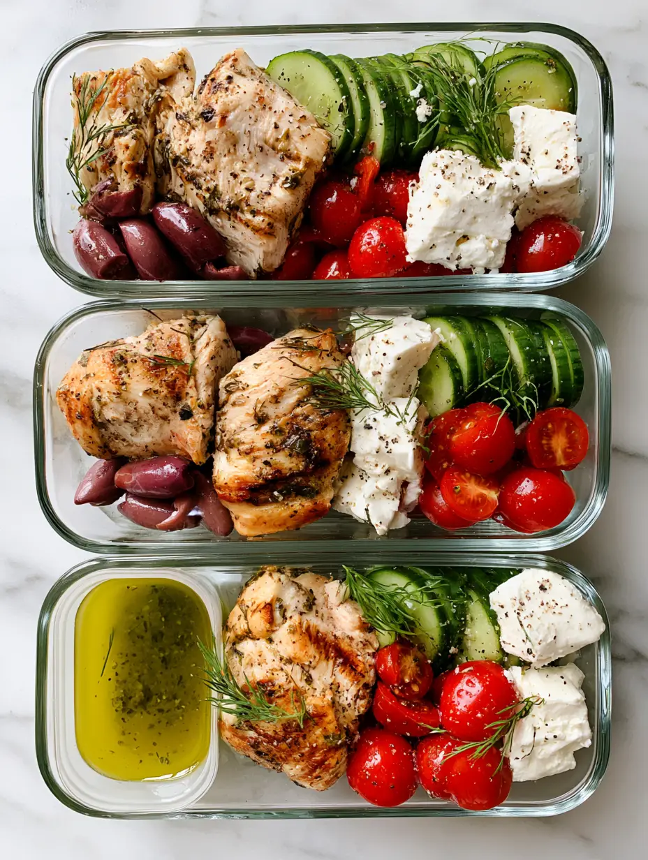 Greek chicken salad Meal Prep with Fluffy Quinoa and Lemon-Herb Vinaigrette 3 Top-down view of three glass meal prep containers filled with Greek chicken salad, quinoa, and lemon vinaigrette on a white marble surface.