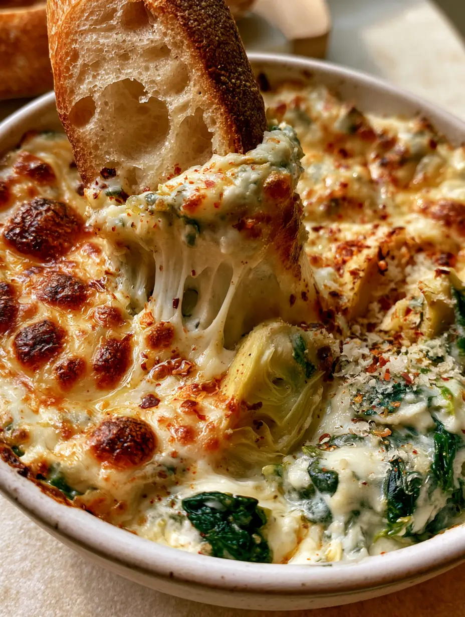 Macro close-up of creamy spinach and artichokes with bubbling golden-brown mozzarella crust and leopard spots.