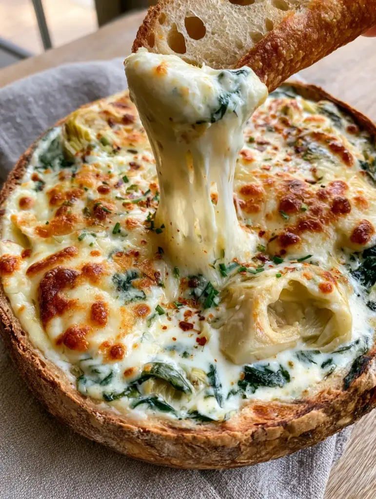 Close-up of a bubbling golden-brown cheese crust on a spinach artichoke dip.