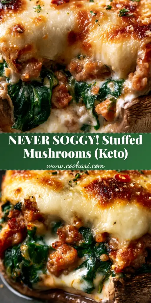 A close-up shot of several Spinach & Sausage Stuffed Mushrooms arranged on a rustic platter, showing the bubbly parmesan crust and fresh parsley garnish.