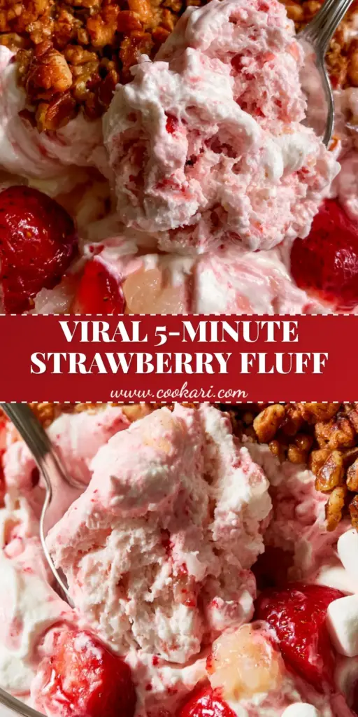 A large scoop of airy Strawberry fluff salad being lifted with a silver spoon from a glass bowl, showcasing a pink cream swirl and fresh berries.